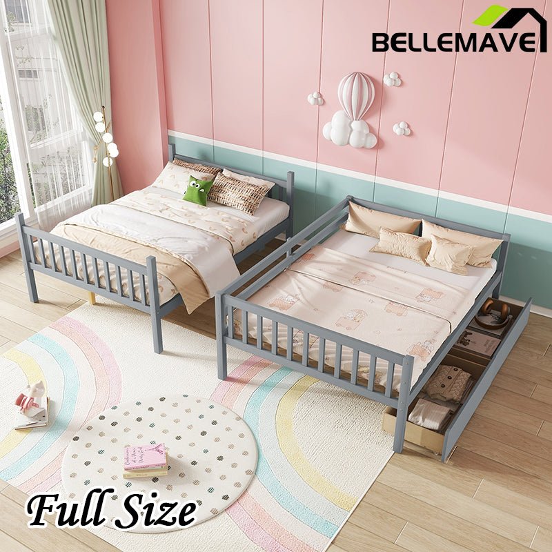 Bellemave® Full Size Rubber Wood Bunk Bed with 2 Drawers, Ladder and Safety Guardrail(Convertible ) - Bellemave