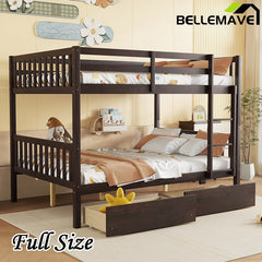 Bellemave® Full Size Rubber Wood Bunk Bed with 2 Drawers, Ladder and Safety Guardrail(Convertible ) - Bellemave