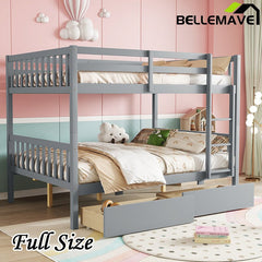 Bellemave® Full Size Rubber Wood Bunk Bed with 2 Drawers, Ladder and Safety Guardrail(Convertible ) - Bellemave
