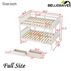 Bellemave® Full Size Rubber Wood Bunk Bed with 2 Drawers, Ladder and Safety Guardrail(Convertible ) - Bellemave