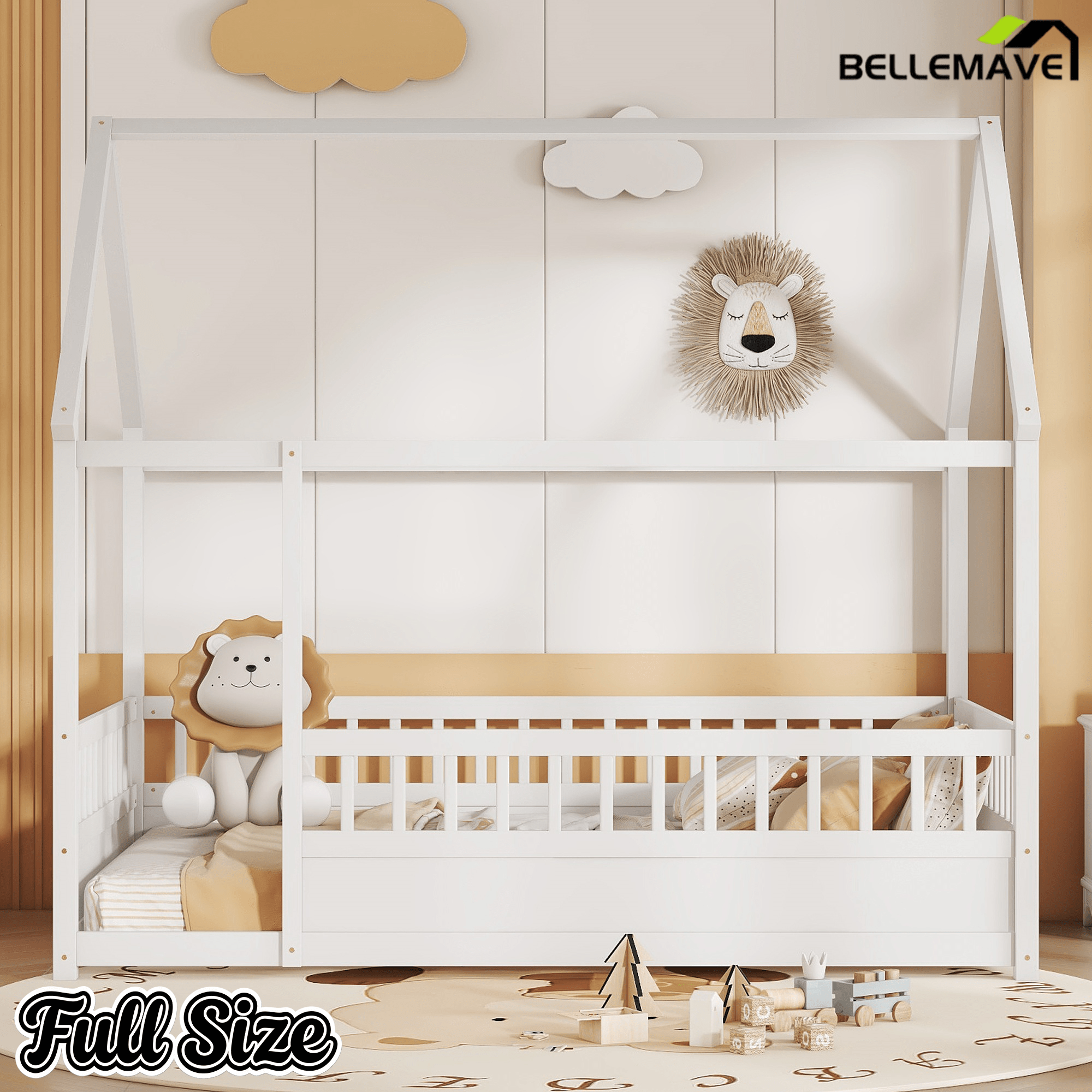 Bellemave® Full Size Solid Wood House Bed with High Fence for Kids,Full Floor Bed Frame, Kids Montessori Bed Full Size,White - Bellemave
