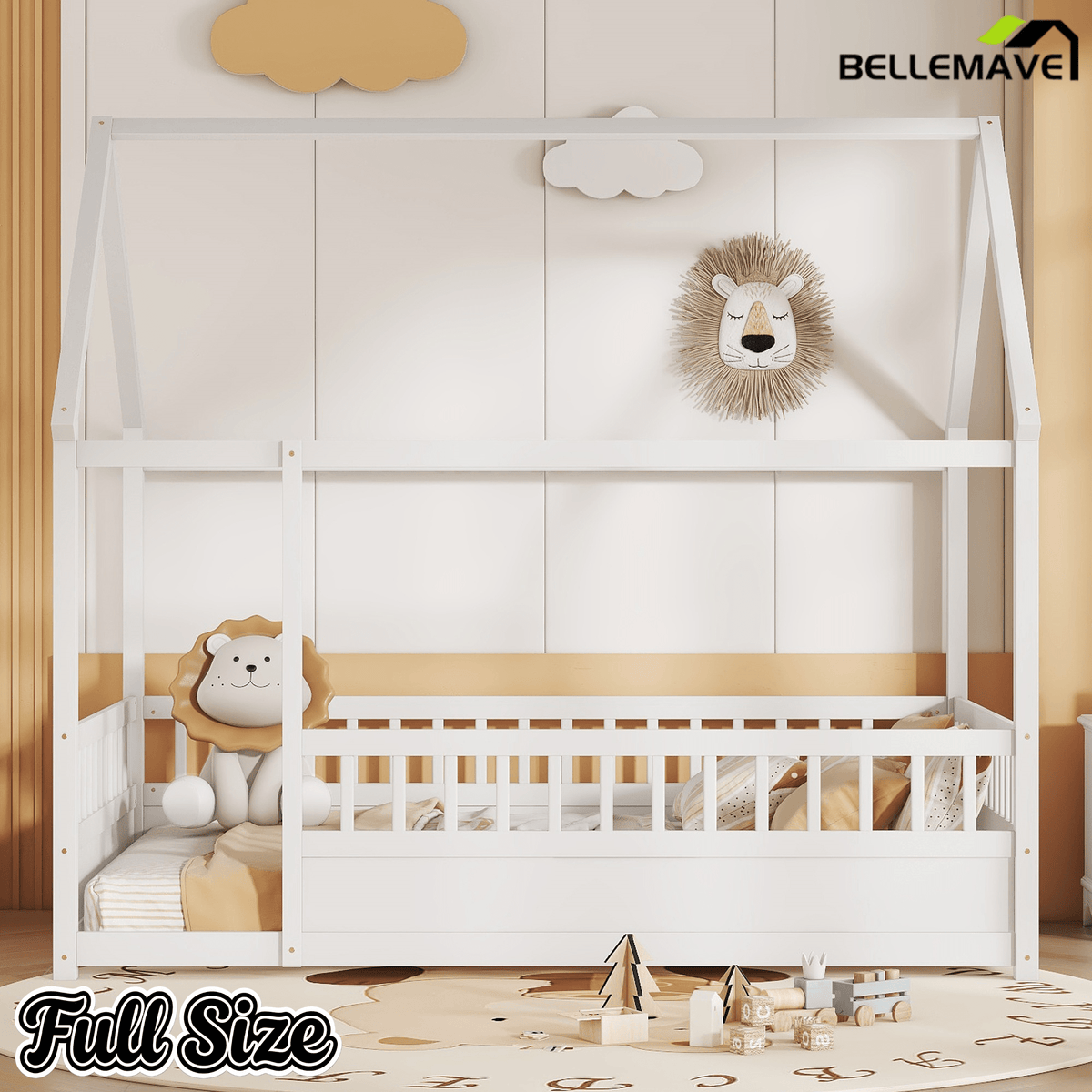 Bellemave® Full Size Solid Wood House Bed with High Fence for Kids,Full Floor Bed Frame, Kids Montessori Bed Full Size,White - Bellemave