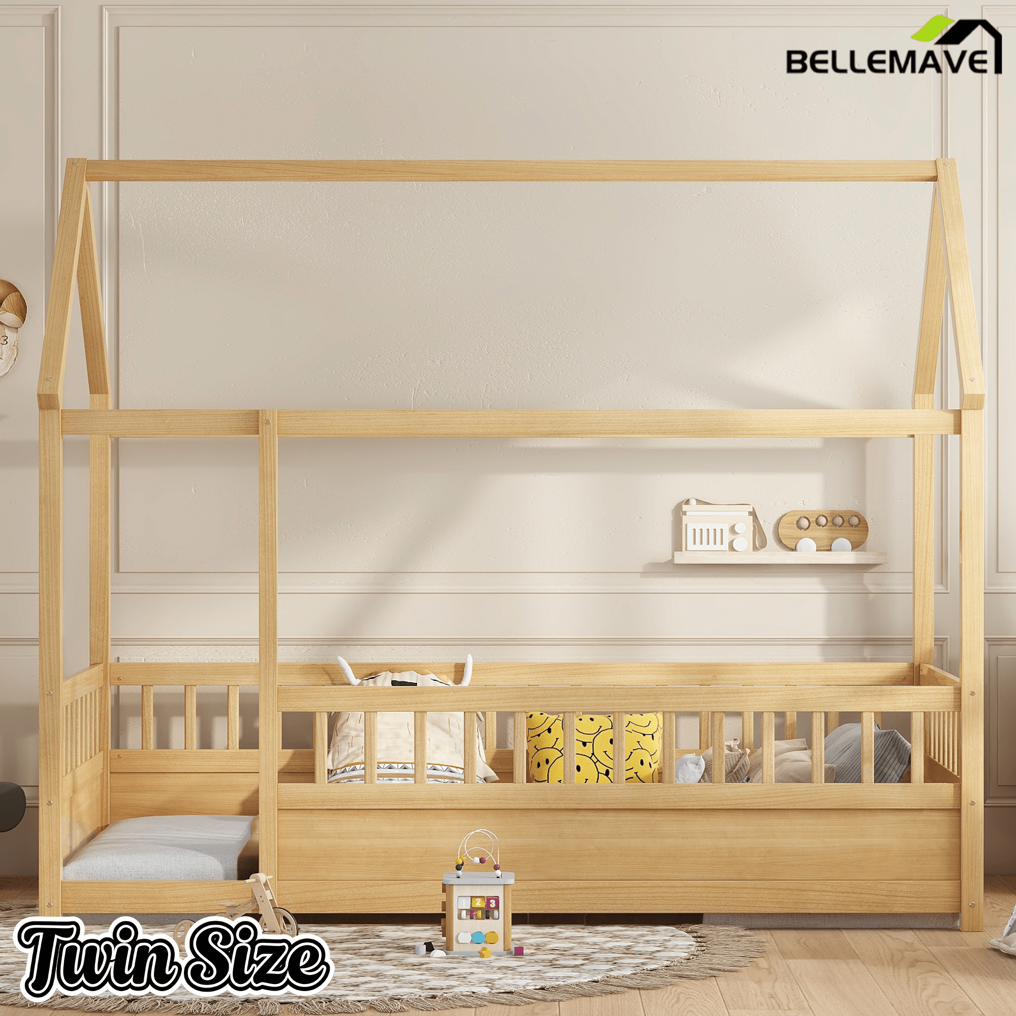 Bellemave® Full Size Solid Wood House Bed with High Fence for Kids,Full Floor Bed Frame, Kids Montessori Bed Full Size,White - Bellemave