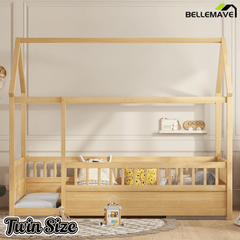 Bellemave® Full Size Solid Wood House Bed with High Fence for Kids,Full Floor Bed Frame, Kids Montessori Bed Full Size,White - Bellemave