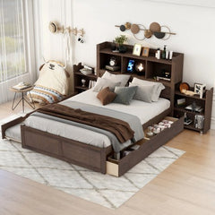 Bellemave® Full Size Storage Platform Bed with Pull Out Shelves, Twin Size Trundle Bed and 2 Drawers - Bellemave