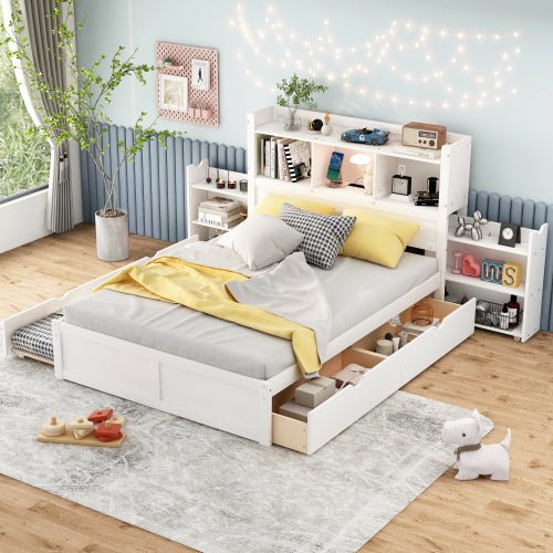 Bellemave® Full Size Storage Platform Bed with Pull Out Shelves, Twin Size Trundle Bed and 2 Drawers - Bellemave