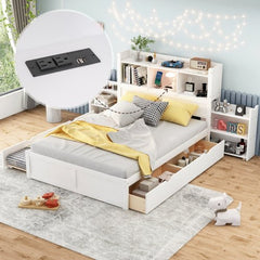 Bellemave® Full Size Storage Platform Bed with Pull Out Shelves, Twin Size Trundle Bed and 2 Drawers - Bellemave