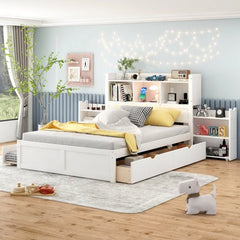 Bellemave® Full Size Storage Platform Bed with Pull Out Shelves, Twin Size Trundle Bed and 2 Drawers - Bellemave