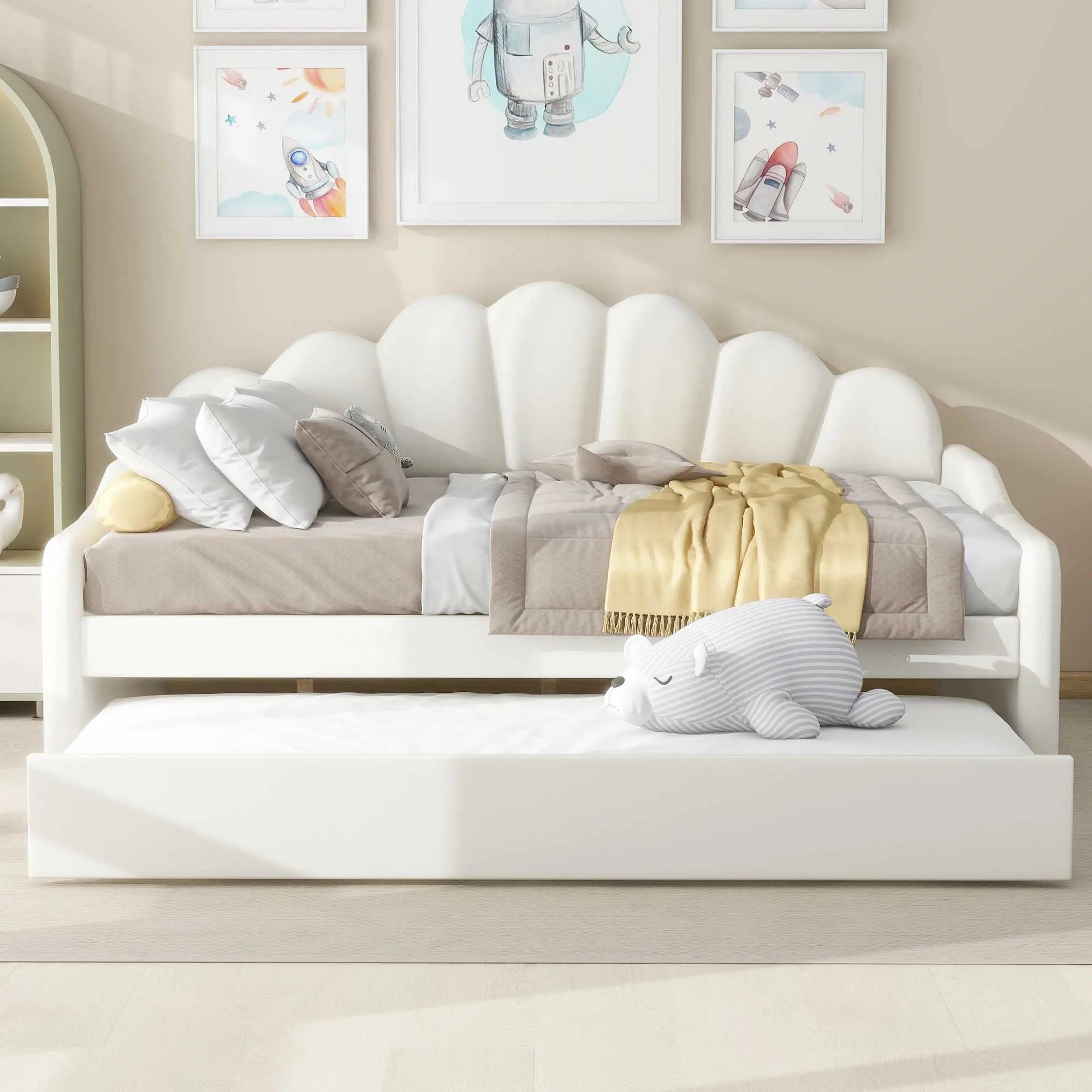 Bellemave® Full Size Upholstered Daybed Frame with Shall Shaped Backrest and Trundle - Bellemave
