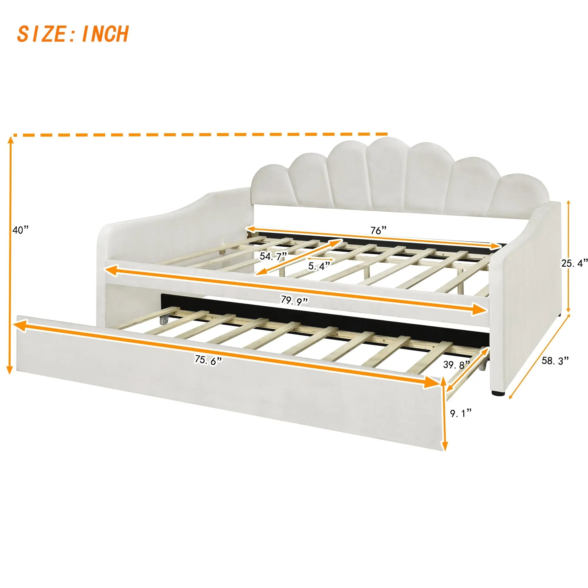 Bellemave® Full Size Upholstered Daybed Frame with Shall Shaped Backrest and Trundle - Bellemave