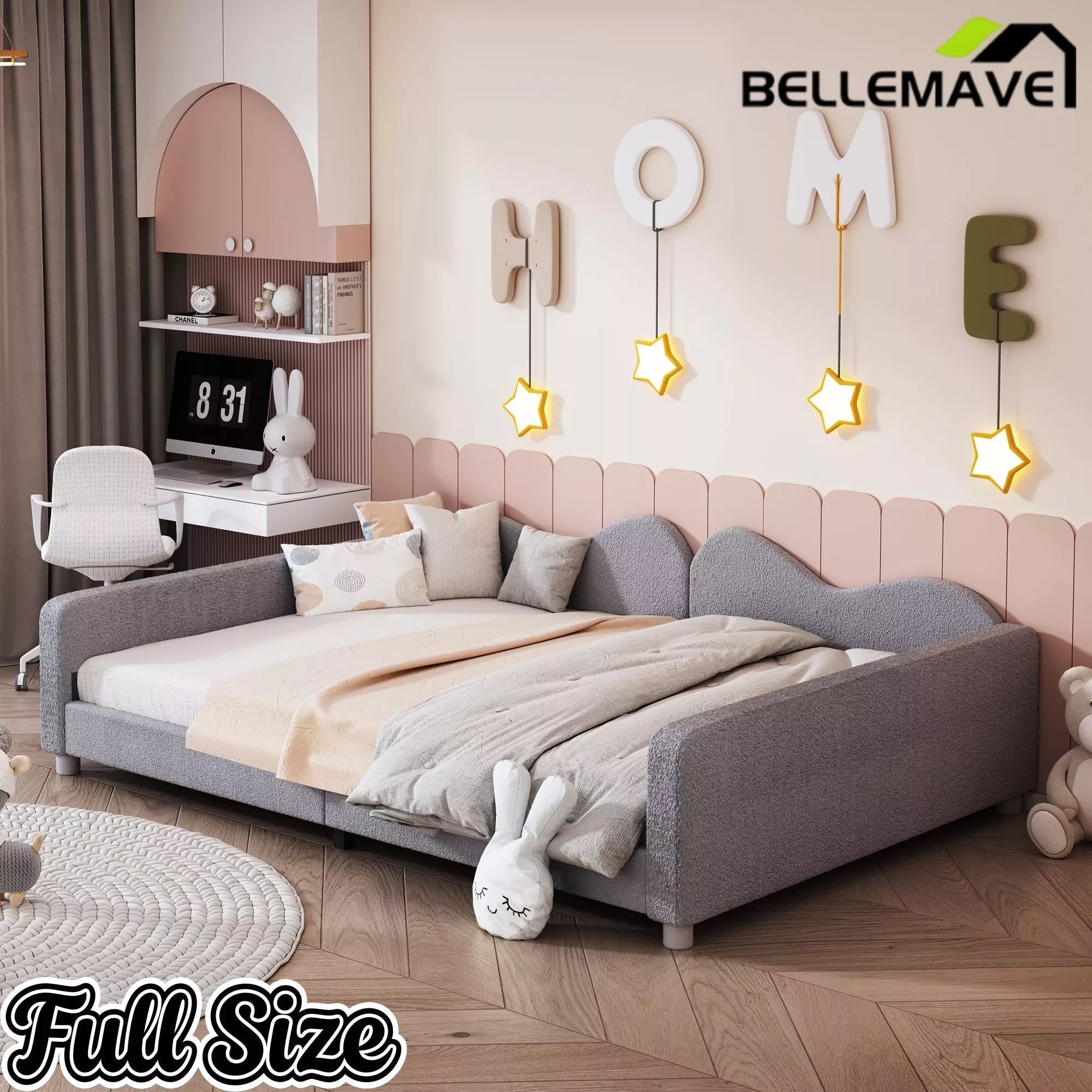 Bellemave® Full Size Upholstered Daybed, Sherpa Fabric Sofabed with Cloud-Shaped Backrest, No Box-Spring Needed - Bellemave