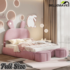 Bellemave® Full Size Upholstered Platform Bed with Cartoon Ears Shaped Headboard and Light, Princess Platform Bed for Girls/Kids, Solid Wood Slats Support (Pink) - Bellemave