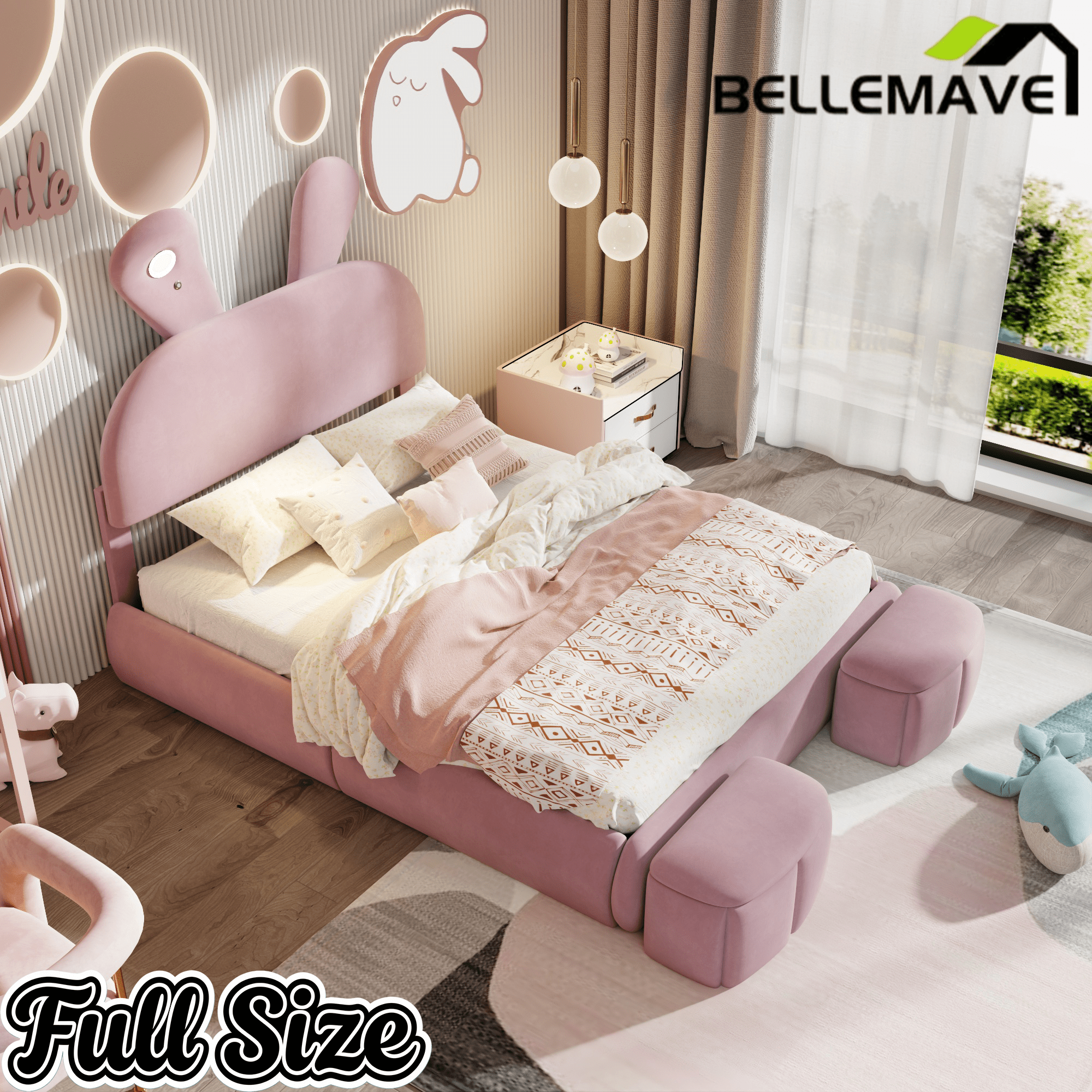 Bellemave® Full Size Upholstered Platform Bed with Cartoon Ears Shaped Headboard and Light, Princess Platform Bed for Girls/Kids, Solid Wood Slats Support (Pink) - Bellemave