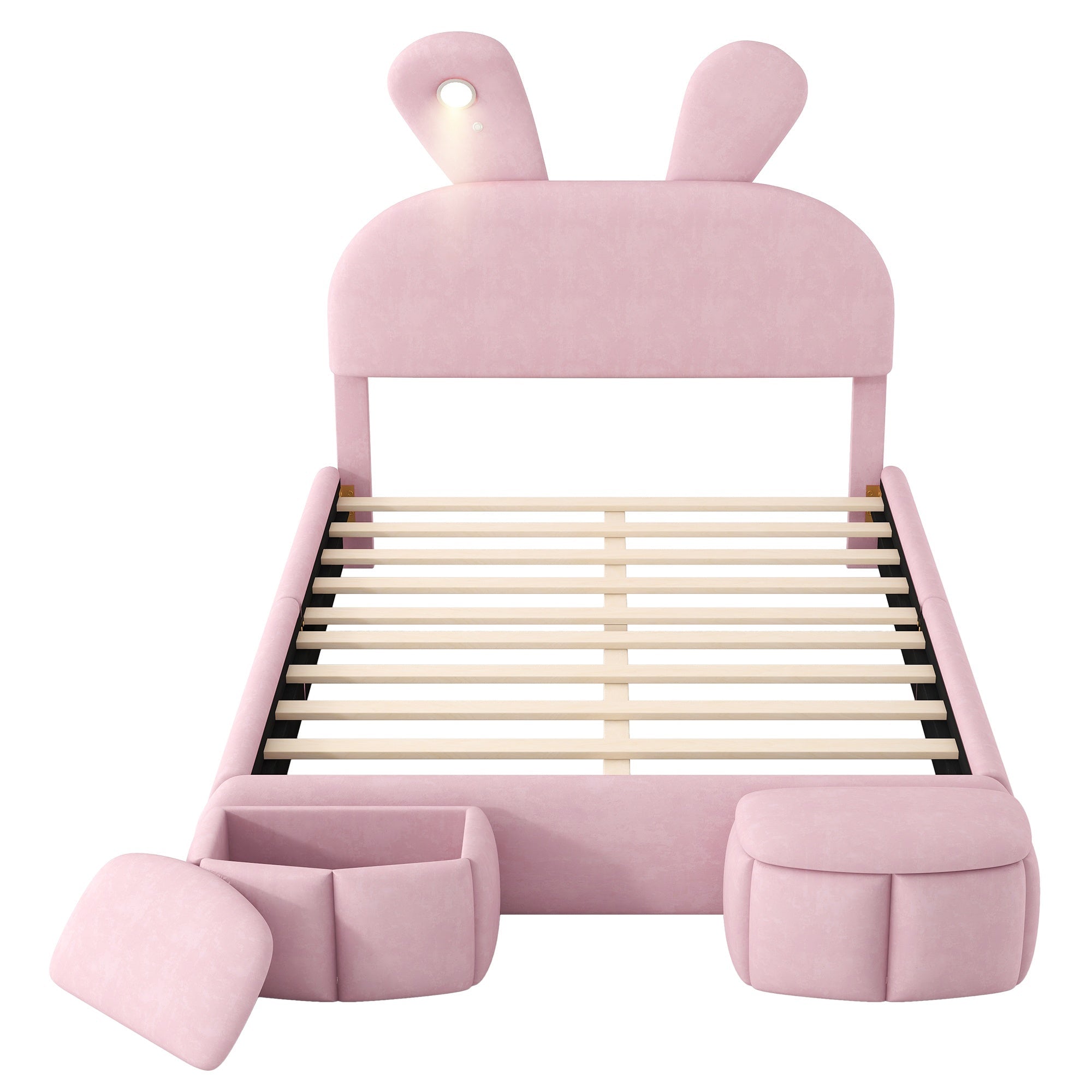 Bellemave® Full Size Upholstered Platform Bed with Cartoon Ears Shaped Headboard and Light, Princess Platform Bed for Girls/Kids, Solid Wood Slats Support (Pink) - Bellemave