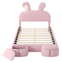 Bellemave® Full Size Upholstered Platform Bed with Cartoon Ears Shaped Headboard and Light, Princess Platform Bed for Girls/Kids, Solid Wood Slats Support (Pink) - Bellemave