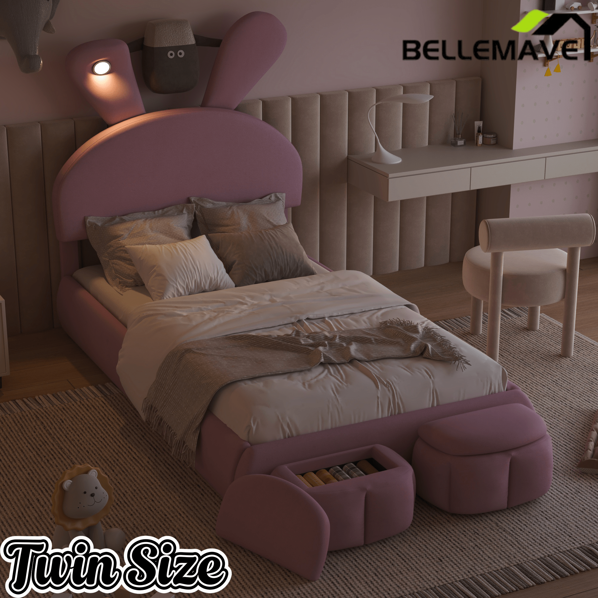 Bellemave® Full Size Upholstered Platform Bed with Cartoon Ears Shaped Headboard and Light, Princess Platform Bed for Girls/Kids, Solid Wood Slats Support (Pink) - Bellemave