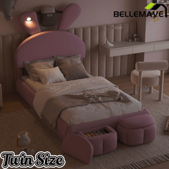 Bellemave® Full Size Upholstered Platform Bed with Cartoon Ears Shaped Headboard and Light, Princess Platform Bed for Girls/Kids, Solid Wood Slats Support (Pink) - Bellemave