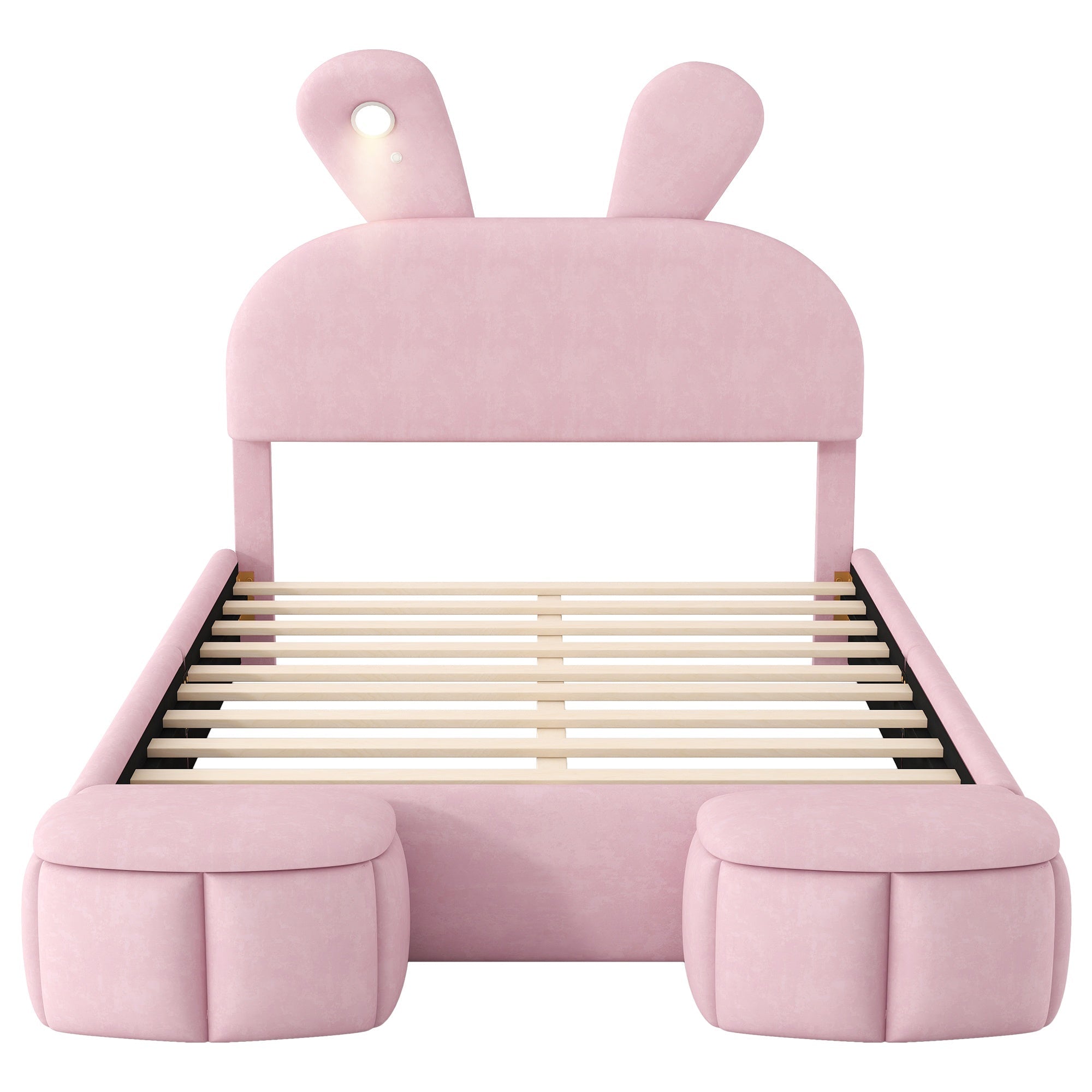 Bellemave® Full Size Upholstered Platform Bed with Cartoon Ears Shaped Headboard and Light, Princess Platform Bed for Girls/Kids, Solid Wood Slats Support (Pink) - Bellemave