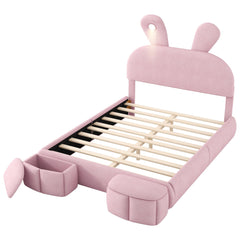 Bellemave® Full Size Upholstered Platform Bed with Cartoon Ears Shaped Headboard and Light, Princess Platform Bed for Girls/Kids, Solid Wood Slats Support (Pink) - Bellemave