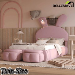 Bellemave® Full Size Upholstered Platform Bed with Cartoon Ears Shaped Headboard and Light, Princess Platform Bed for Girls/Kids, Solid Wood Slats Support (Pink) - Bellemave