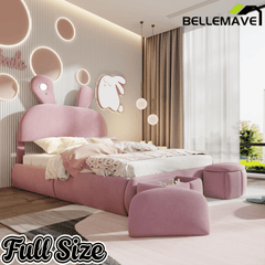 Bellemave® Full Size Upholstered Platform Bed with Cartoon Ears Shaped Headboard and Light, Princess Platform Bed for Girls/Kids, Solid Wood Slats Support (Pink) - Bellemave