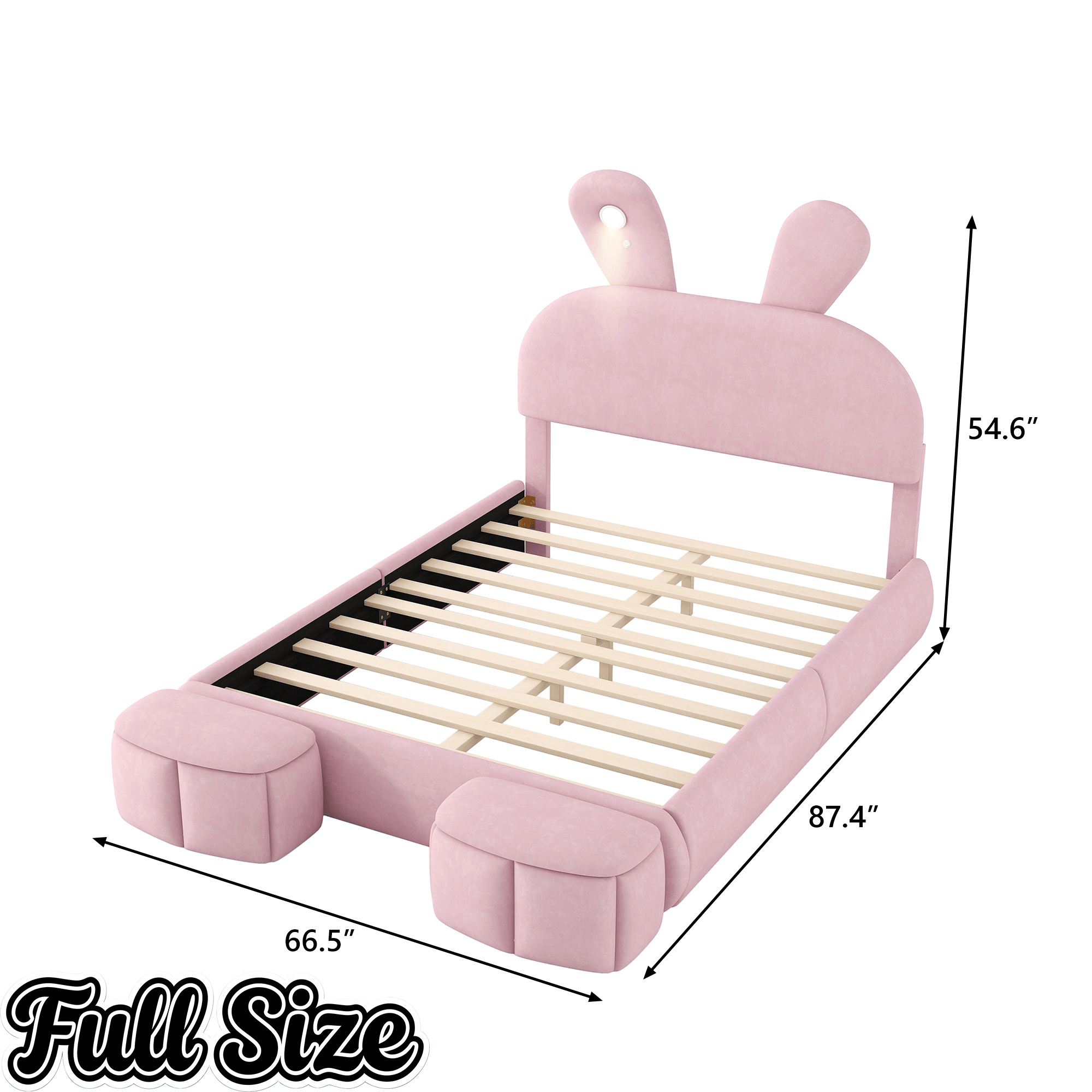 Bellemave® Full Size Upholstered Platform Bed with Cartoon Ears Shaped Headboard and Light, Princess Platform Bed for Girls/Kids, Solid Wood Slats Support (Pink) - Bellemave