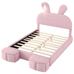 Bellemave® Full Size Upholstered Platform Bed with Cartoon Ears Shaped Headboard and Light, Princess Platform Bed for Girls/Kids, Solid Wood Slats Support (Pink) - Bellemave