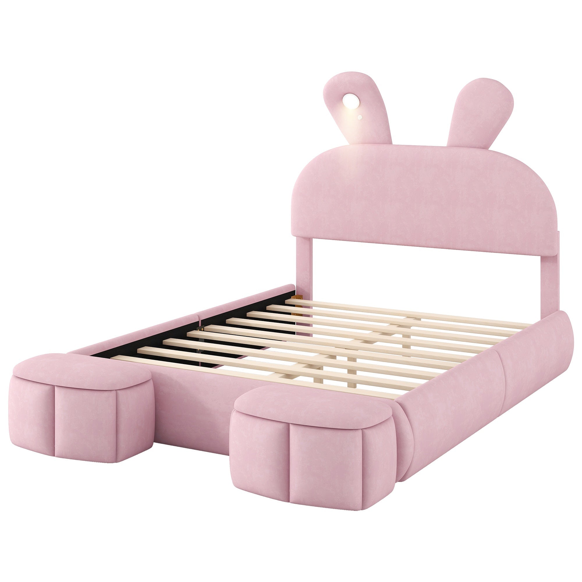 Bellemave® Full Size Upholstered Platform Bed with Cartoon Ears Shaped Headboard and Light, Princess Platform Bed for Girls/Kids, Solid Wood Slats Support (Pink) - Bellemave