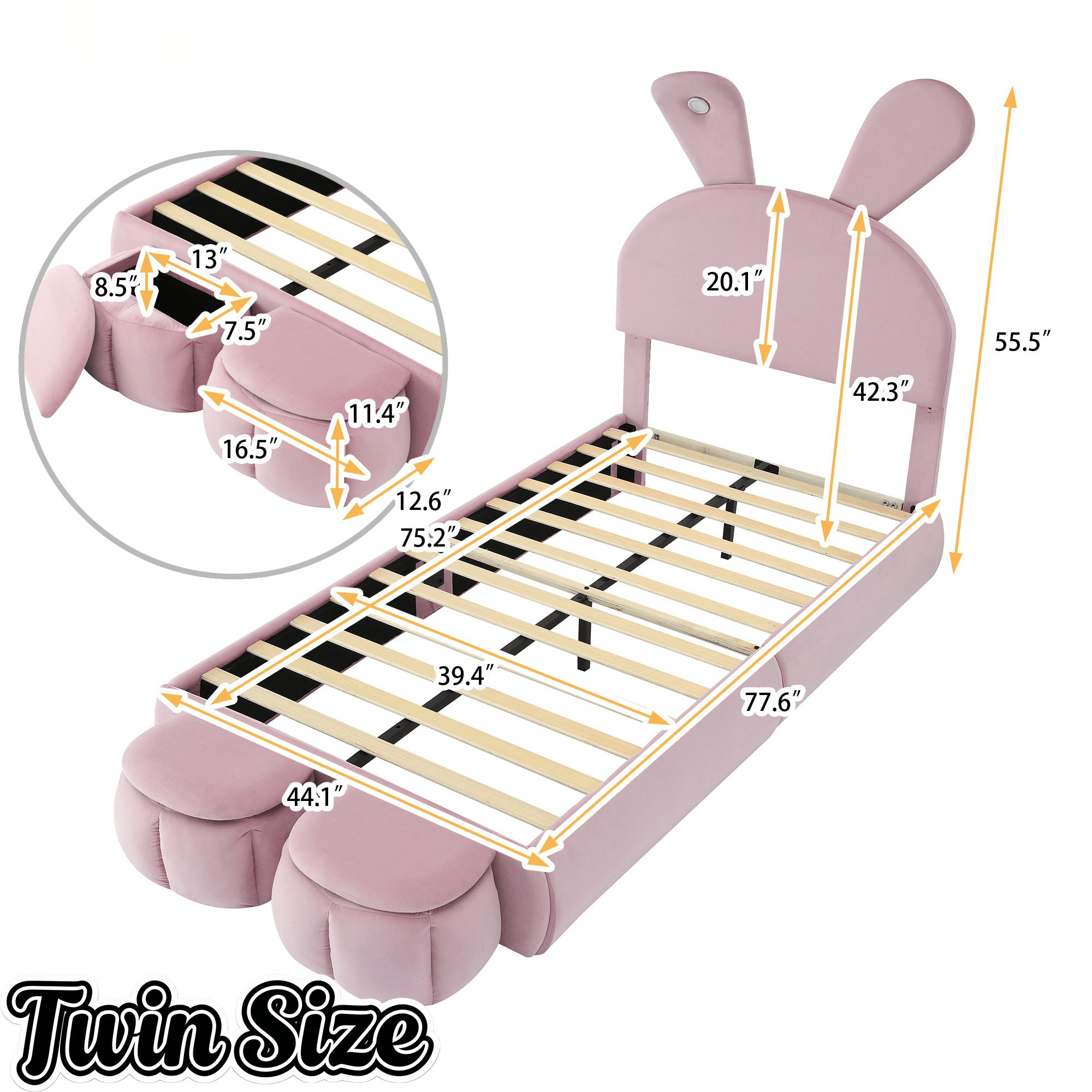 Bellemave® Full Size Upholstered Platform Bed with Cartoon Ears Shaped Headboard and Light, Princess Platform Bed for Girls/Kids, Solid Wood Slats Support (Pink) - Bellemave
