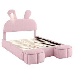 Bellemave® Full Size Upholstered Platform Bed with Cartoon Ears Shaped Headboard and Light, Princess Platform Bed for Girls/Kids, Solid Wood Slats Support (Pink) - Bellemave
