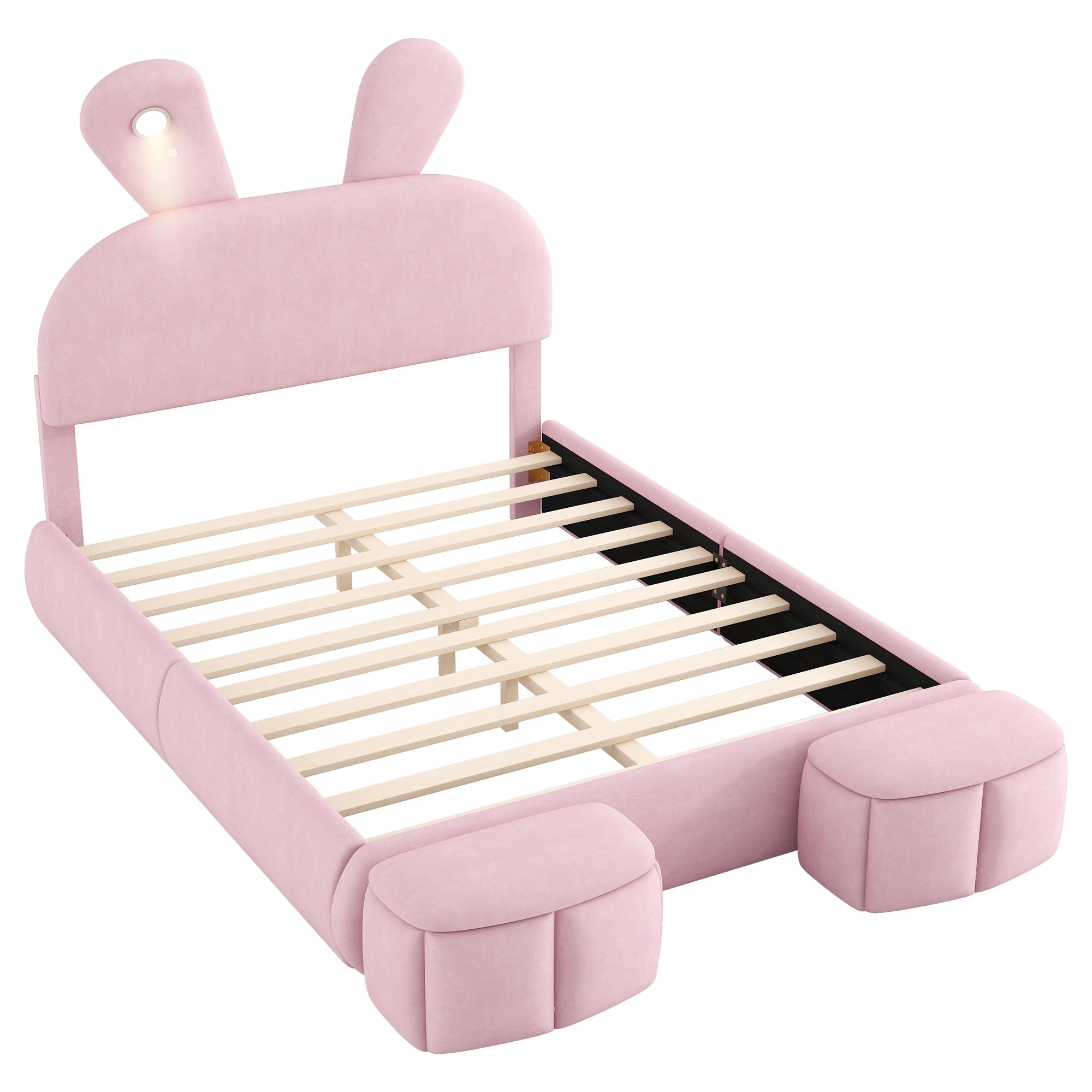 Bellemave® Full Size Upholstered Platform Bed with Cartoon Ears Shaped Headboard and Light, Princess Platform Bed for Girls/Kids, Solid Wood Slats Support (Pink) - Bellemave