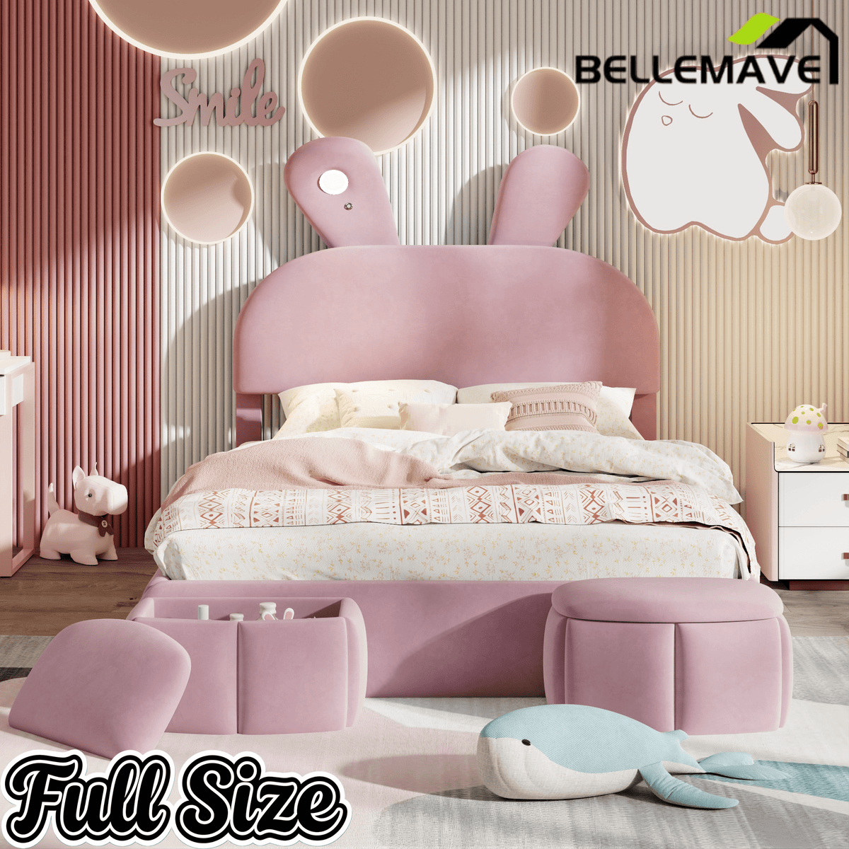 Bellemave® Full Size Upholstered Platform Bed with Cartoon Ears Shaped Headboard and Light, Princess Platform Bed for Girls/Kids, Solid Wood Slats Support (Pink) - Bellemave