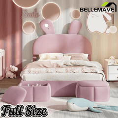 Bellemave® Full Size Upholstered Platform Bed with Cartoon Ears Shaped Headboard and Light, Princess Platform Bed for Girls/Kids, Solid Wood Slats Support (Pink) - Bellemave