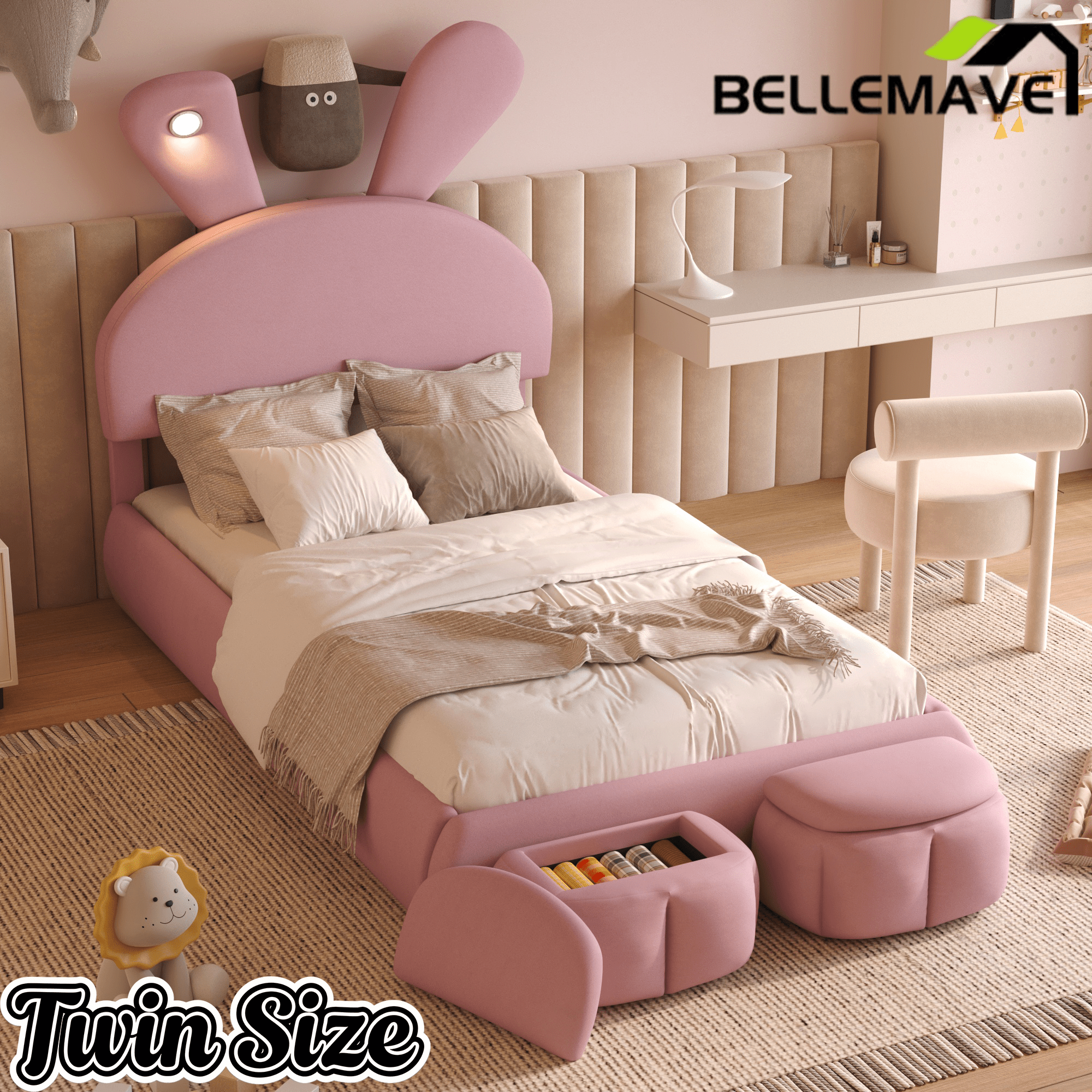 Bellemave® Full Size Upholstered Platform Bed with Cartoon Ears Shaped Headboard and Light, Princess Platform Bed for Girls/Kids, Solid Wood Slats Support (Pink) - Bellemave