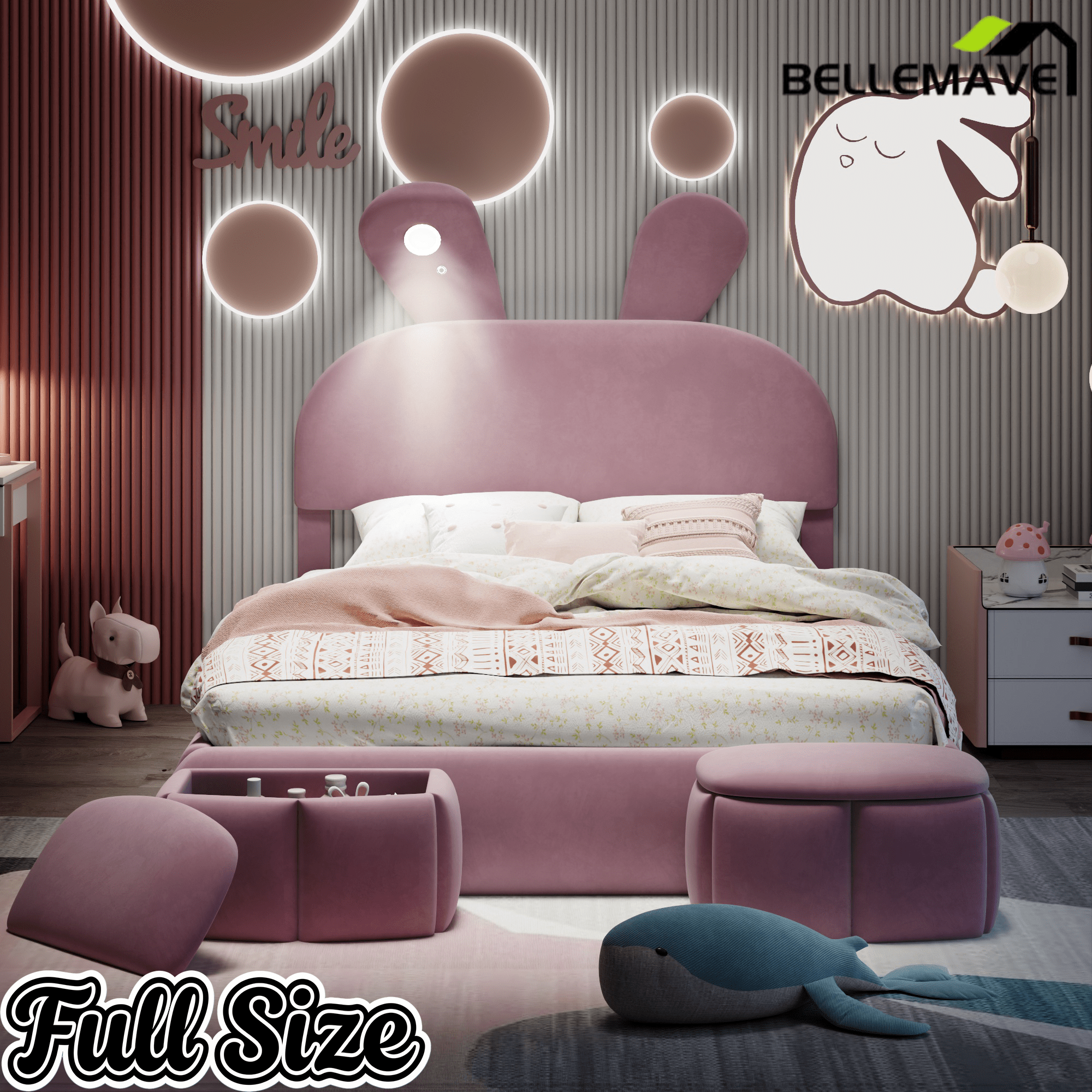 Bellemave® Full Size Upholstered Platform Bed with Cartoon Ears Shaped Headboard and Light, Princess Platform Bed for Girls/Kids, Solid Wood Slats Support (Pink) - Bellemave