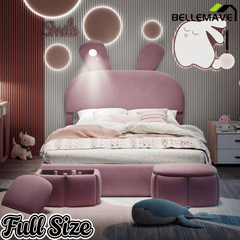 Bellemave® Full Size Upholstered Platform Bed with Cartoon Ears Shaped Headboard and Light, Princess Platform Bed for Girls/Kids, Solid Wood Slats Support (Pink) - Bellemave