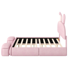 Bellemave® Full Size Upholstered Platform Bed with Cartoon Ears Shaped Headboard and Light, Princess Platform Bed for Girls/Kids, Solid Wood Slats Support (Pink) - Bellemave