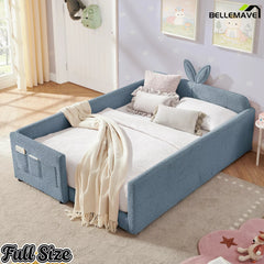 Bellemave® Full Size Upholstered Platform Bed with Rabbit Ear Headboard, Boucle Fabric with Safety Rail & Side Storage Pockets - Bellemave