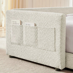 Bellemave® Full Size Upholstered Platform Bed with Rabbit Ear Headboard, Boucle Fabric with Safety Rail & Side Storage Pockets - Bellemave
