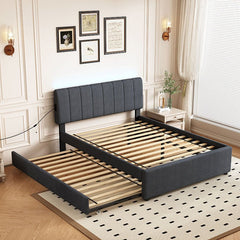 Bellemave® Full Size Upholstered Platform Bed with Twin Size Trundle Bed and 1 sets of USB , with Remote control Intelligence LED Lights with APP - Bellemave