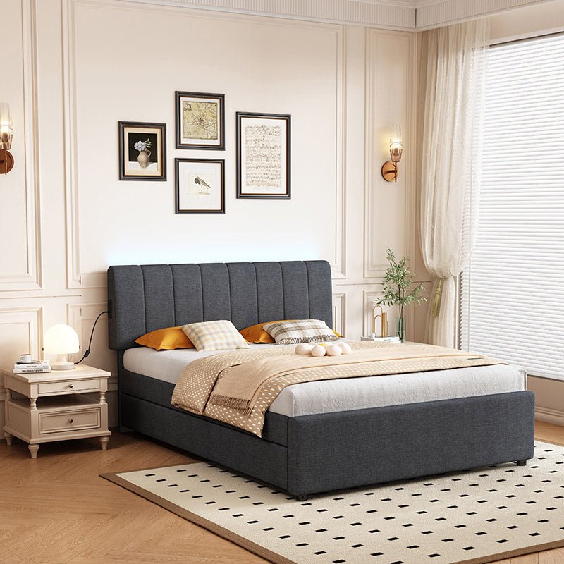 Bellemave® Full Size Upholstered Platform Bed with Twin Size Trundle Bed and 1 sets of USB , with Remote control Intelligence LED Lights with APP - Bellemave