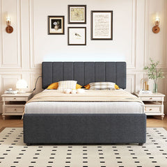 Bellemave® Full Size Upholstered Platform Bed with Twin Size Trundle Bed and 1 sets of USB , with Remote control Intelligence LED Lights with APP - Bellemave