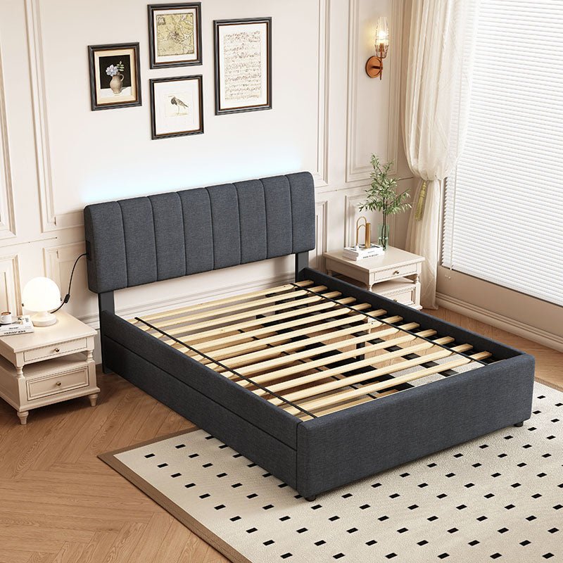 Bellemave® Full Size Upholstered Platform Bed with Twin Size Trundle Bed and 1 sets of USB , with Remote control Intelligence LED Lights with APP - Bellemave