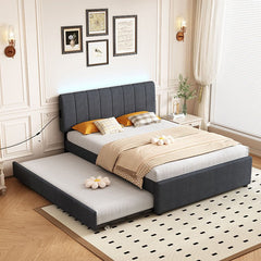 Bellemave® Full Size Upholstered Platform Bed with Twin Size Trundle Bed and 1 sets of USB , with Remote control Intelligence LED Lights with APP - Bellemave