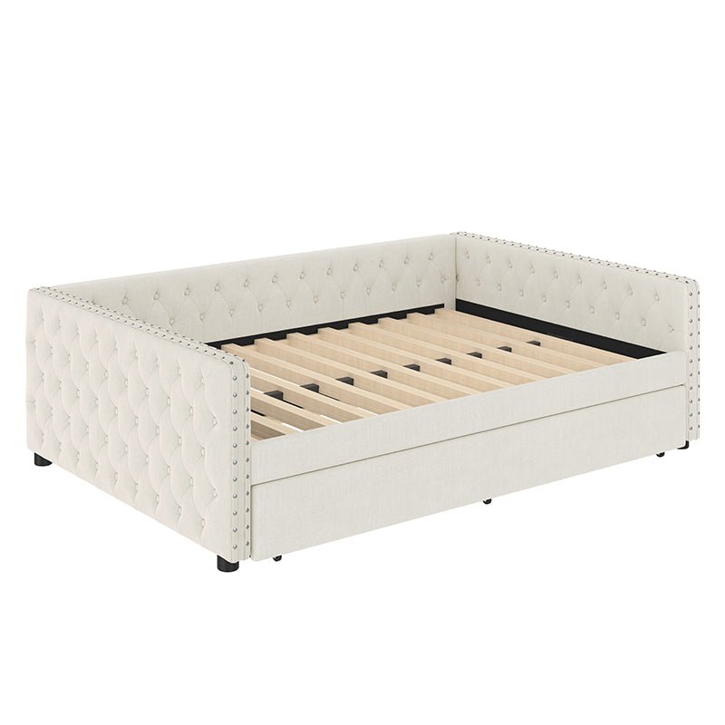 Bellemave® Full Size Upholstered Tufted Daybed with Twin Trundle, Button & Copper Nail on Square Arms - Bellemave