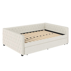 Bellemave® Full Size Upholstered Tufted Daybed with Twin Trundle, Button & Copper Nail on Square Arms - Bellemave