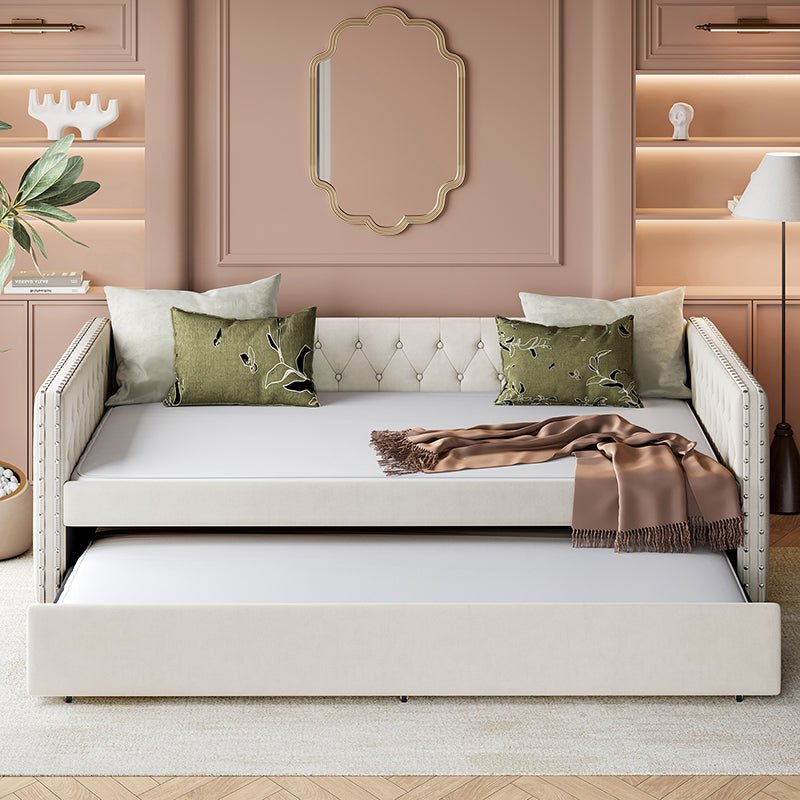 Bellemave® Full Size Upholstered Tufted Daybed with Twin Trundle, Button & Copper Nail on Square Arms - Bellemave