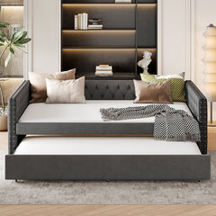 Bellemave® Full Size Upholstered Tufted Daybed with Twin Trundle, Button & Copper Nail on Square Arms - Bellemave