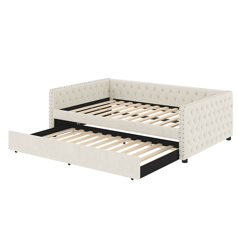 Bellemave® Full Size Upholstered Tufted Daybed with Twin Trundle, Button & Copper Nail on Square Arms - Bellemave