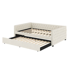 Bellemave® Full Size Upholstered Tufted Daybed with Twin Trundle, Button & Copper Nail on Square Arms - Bellemave